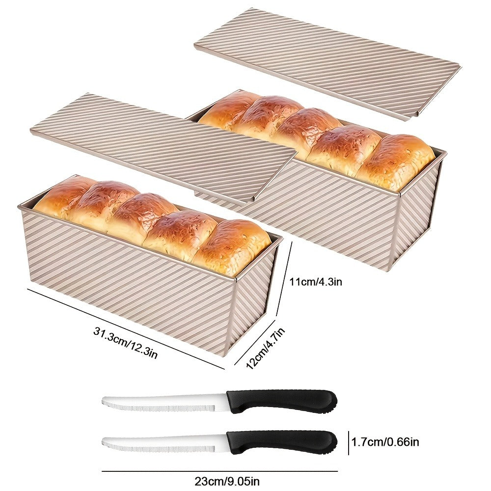 Pullman Loaf Pan with Lid, Extra Large 12.3x4.7x4.3 Inch Sandwich Bread Pan with Vent Holes, Nonstick Carbon Steel Toast Pan with Bread Knife, Square Loaf Pan for Sandwich Bread, Black or Gold