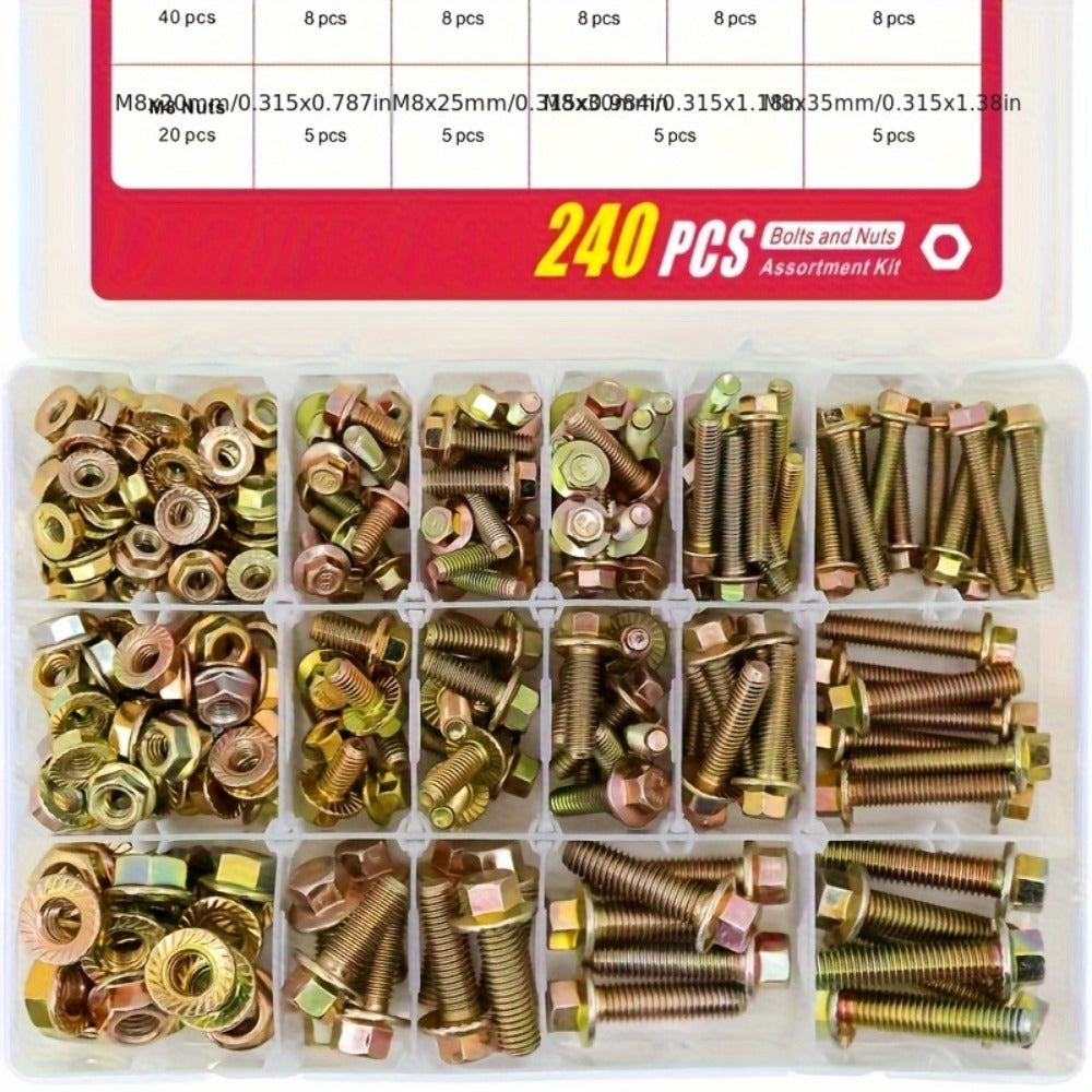Metric Flange Bolt Nut Assortment Kit 240pcs ¨C M5 M6 M8 Alloy Steel Hex Screws & Nuts Set in 14 Sizes Corrosion-Resistant for DIY Repair Automotive Machinery with Clear Storage Box