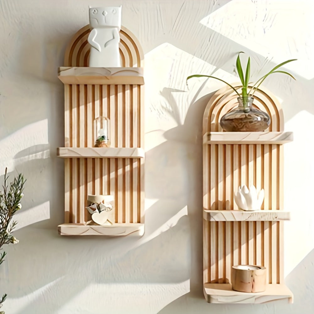 Boho Wooden Wall Shelf Floating Plant Shelf ¨C 3 or 5 Tier Oval Hanging Flower Pot Rack, Minimalist Bedroom Living Room Storage Display Shelf, Wall-Mounted Wood Decor for Home & Apartment