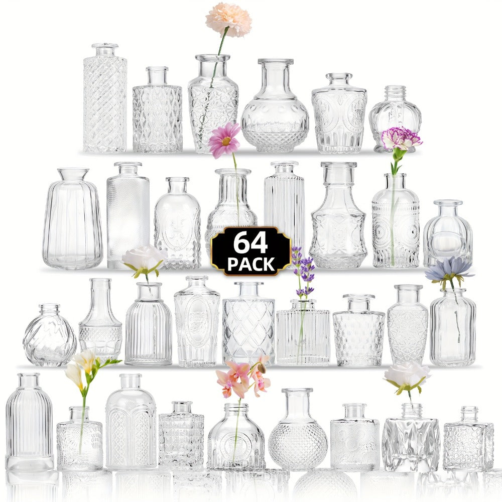 Mini Clear Bud Vases Bulk Set 12/30/43/52pcs ¨C Small Glass-Look Flower Vases for Wedding Centerpieces, Birthday Party, Anniversary, Home Table Decor, Multiple Sizes