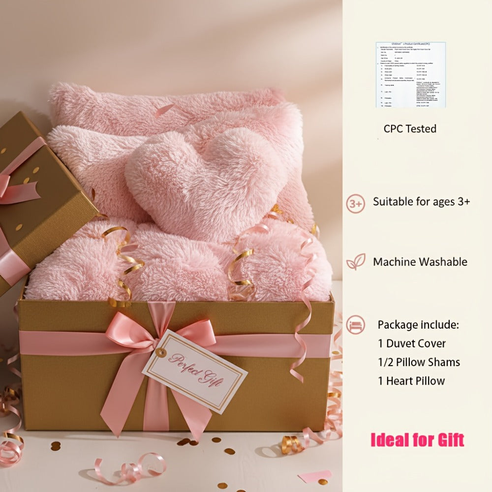 Faux Fur Duvet Cover Set Twin Queen King Super Soft Plush Comforter Cover with Pillowcases Heart Pillow for Kids Teens Machine Washable Bedroom Decor