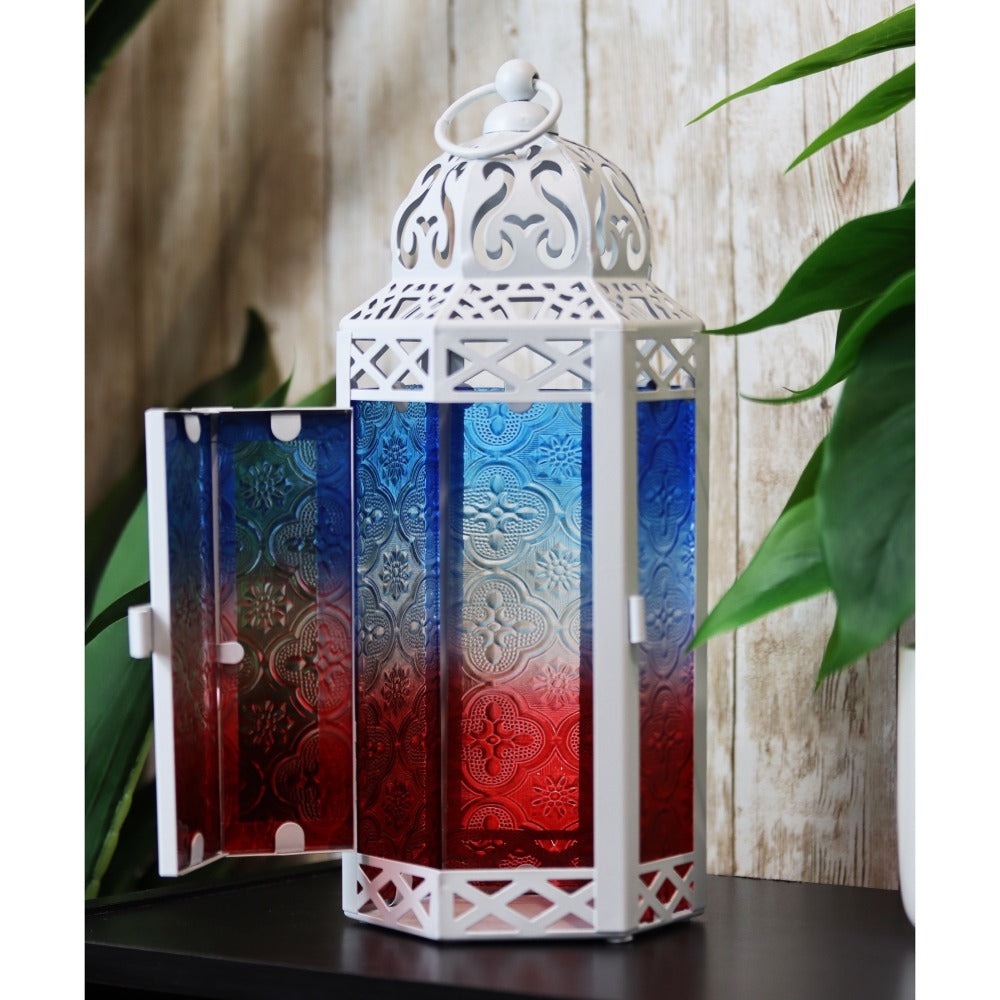 Moroccan Candle Lantern Holder - Decorative Metal & Glass Lantern with Embossed Floral Design for Indoor Home Decor, Garden, Patio, Weddings, Ramadan, Halloween & Holiday Celebrations - 10.5¡± Tall Medium Size
