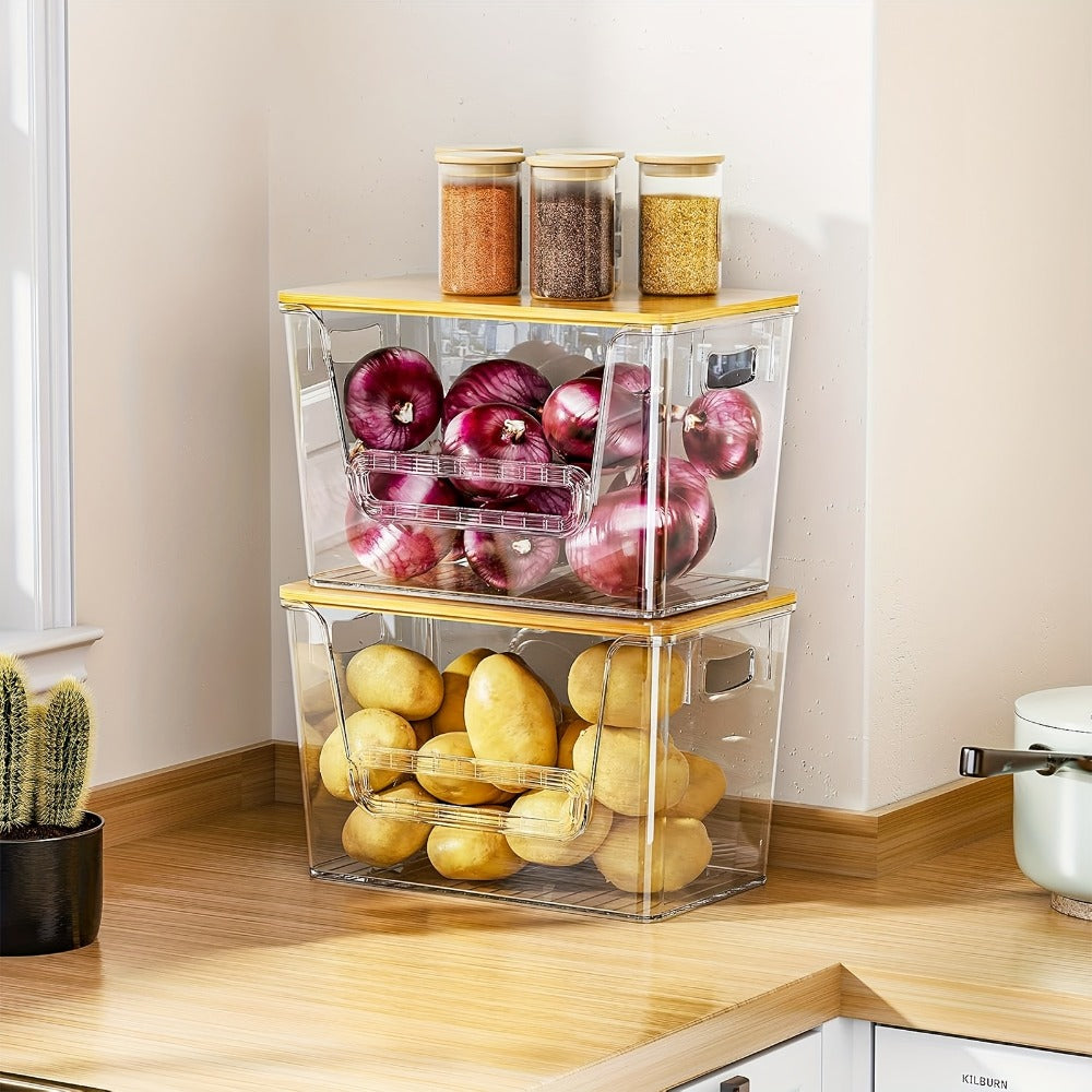 Clear Stackable Kitchen Pantry Organizer 2 Pack with Bamboo Top Durable PET Storage Bins for Onions Potatoes Fruits Vegetables Space Saving Ventilated Produce Organizer
