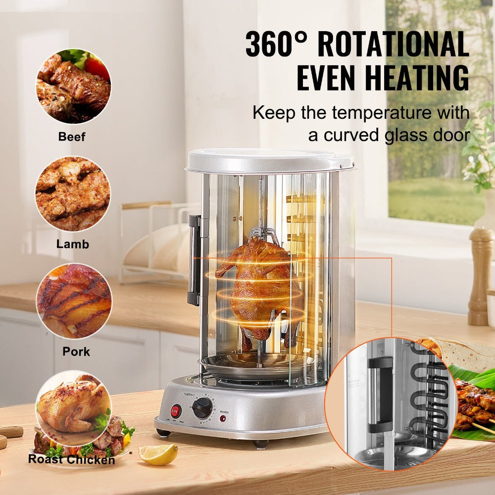 Electric Shawarma Grill Machine 20L Vertical Gyro Rotisserie Doner Kebab Maker Stainless Steel 360 Auto Rotation Timer 419¡ãF Max Temp Multifunctional for Home Family Gatherings