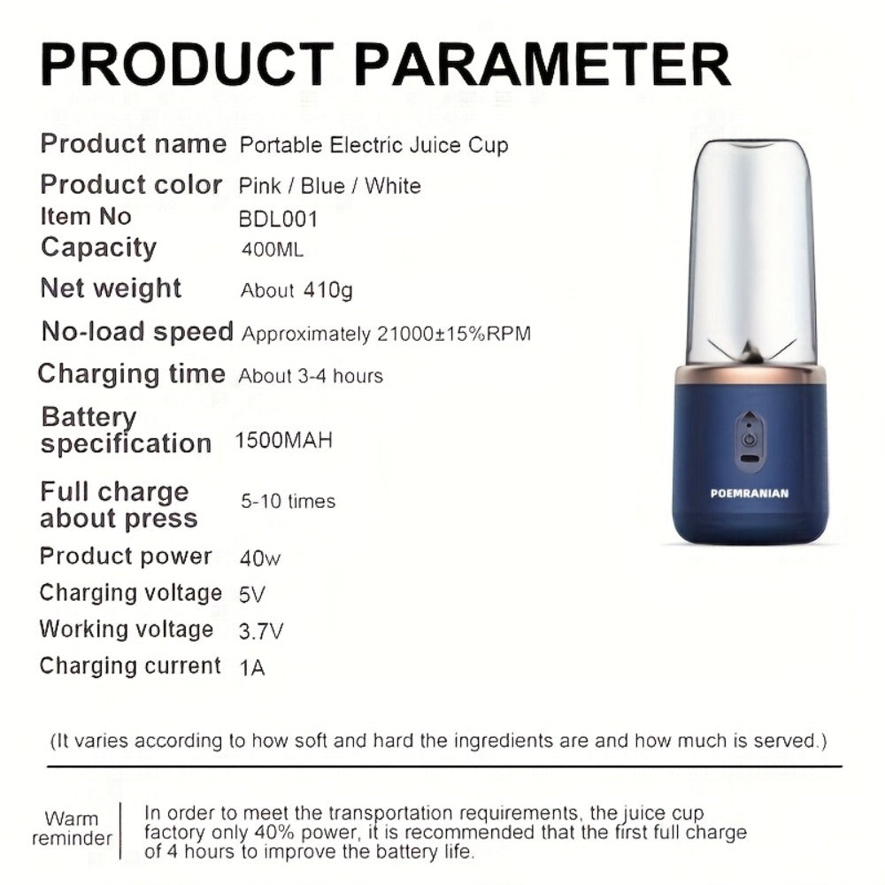Portable Blender Juicer Double Cup 1500mAh Rechargeable ¨C Food-Grade ABS Multifunctional Fruit Vegetable Juicer | USB Charging Gift Box | Blue Pink White Summer Kitchen Essential
