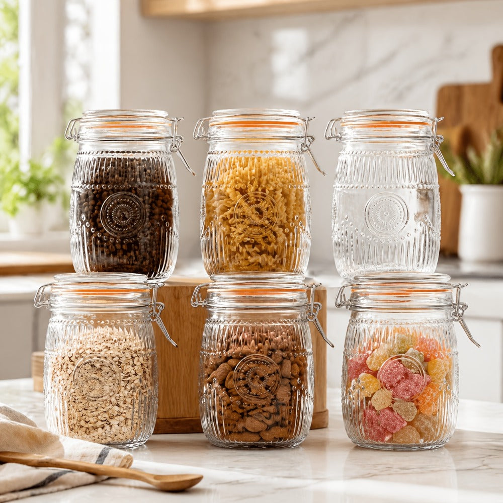 Mason Jars 6 Pack 32oz Wide Mouth Airtight Glass Canister Set with Hinged Lids Vintage Sunflower Pattern Kitchen Storage Jars for Coffee Sugar Beans Spices Dry Goods Pantry Organization
