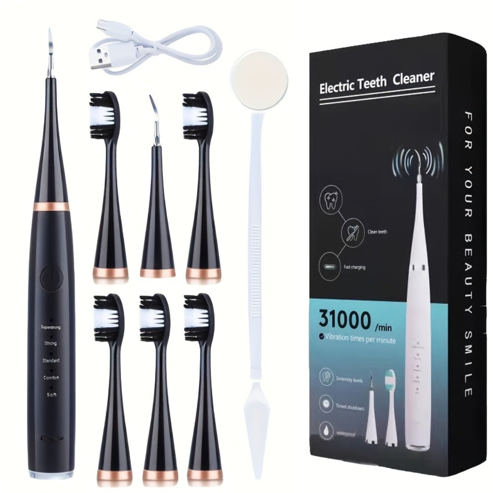 USB Electric Toothbrush Set - 5 Replaceable Brush Heads & 2 Cleaning Heads, USB Rechargeable Electric Toothbrush with Travel Case, Complete Oral Care Kit for Home & Travel, Black or White