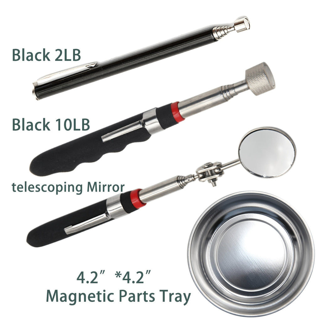 Magnetic Pickup Tool Set Telescopic Extendable - Multi-Strength Magnet Retrieval Tool for Small Metal Parts with Inspection Mirror Tray | 2 5 8 10 15 20 LB | Mechanic Garage Workshop Everyday Use