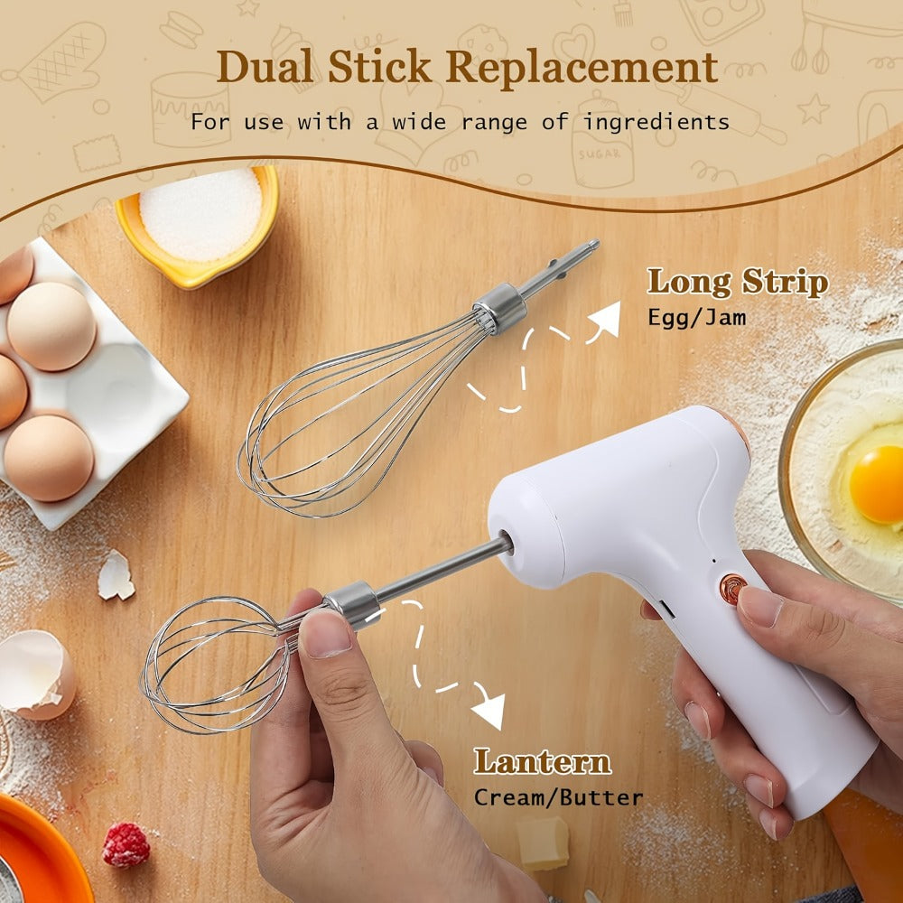 Electric Hand Mixer Cordless USB Rechargeable | 304 Stainless Steel Whisk 3-Speed Settings | Portable Handheld Mixer with 2 Detachable Whisks for Kitchen Baking Cake Cream