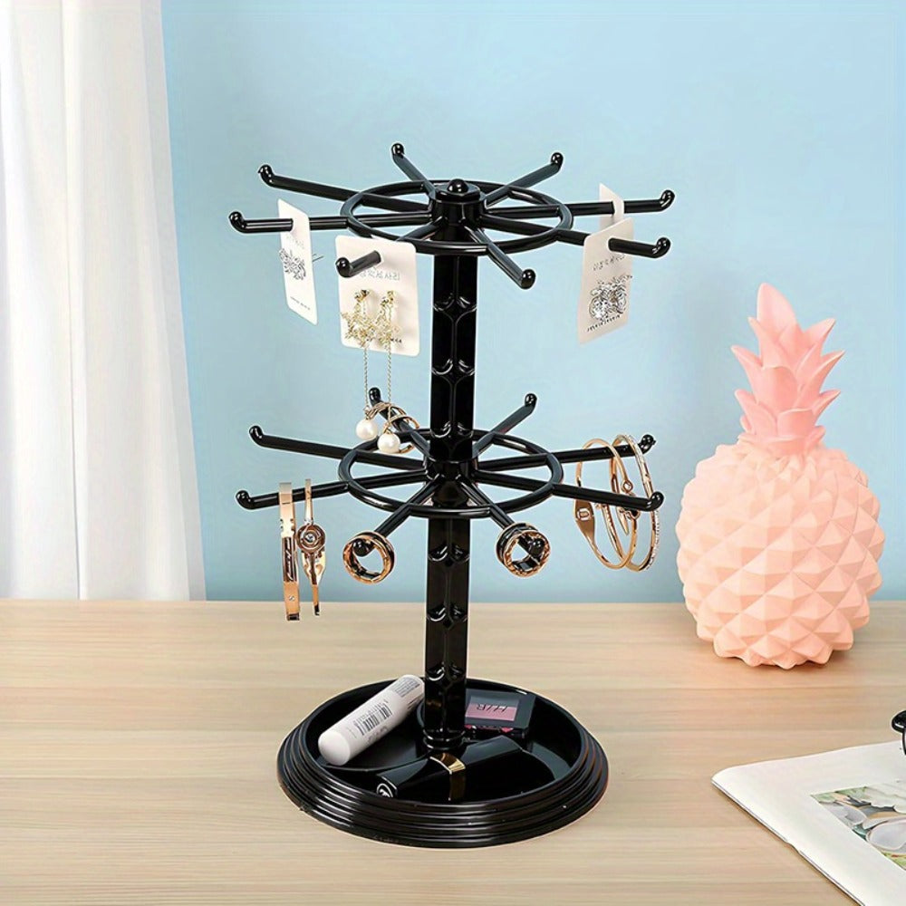 Rotating Jewelry Stand 2-Tier Black ¨C Necklace Bracelet Earring Organizer Display Rack, Plastic Hanging Jewelry Tower for Dressing Table Counter, Keychain Holder, No Electricity Needed