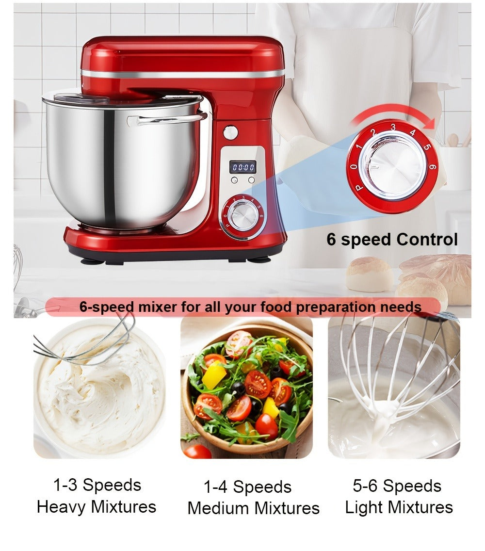 Stand Mixer 1200W 6L Stainless Steel Bowl - Kitchen Food Stand Mixer with Dough Hook, Whisk & Beater, 6-Speed Tilt-Head Electric Mixer for Baking, Kneading, Whipping, Red