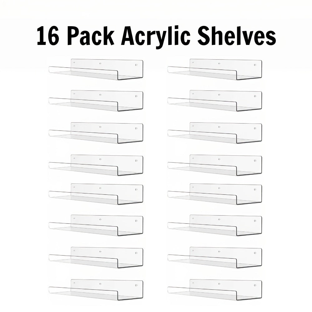 Acrylic Floating Wall Shelves - Clear Display Shelf Organizer for Bathroom, Bedroom, Living Room & Kitchen, 15x4 Inch Wall Mounted Storage Bookshelf, Set of 4/8/16 Pack Room Decor