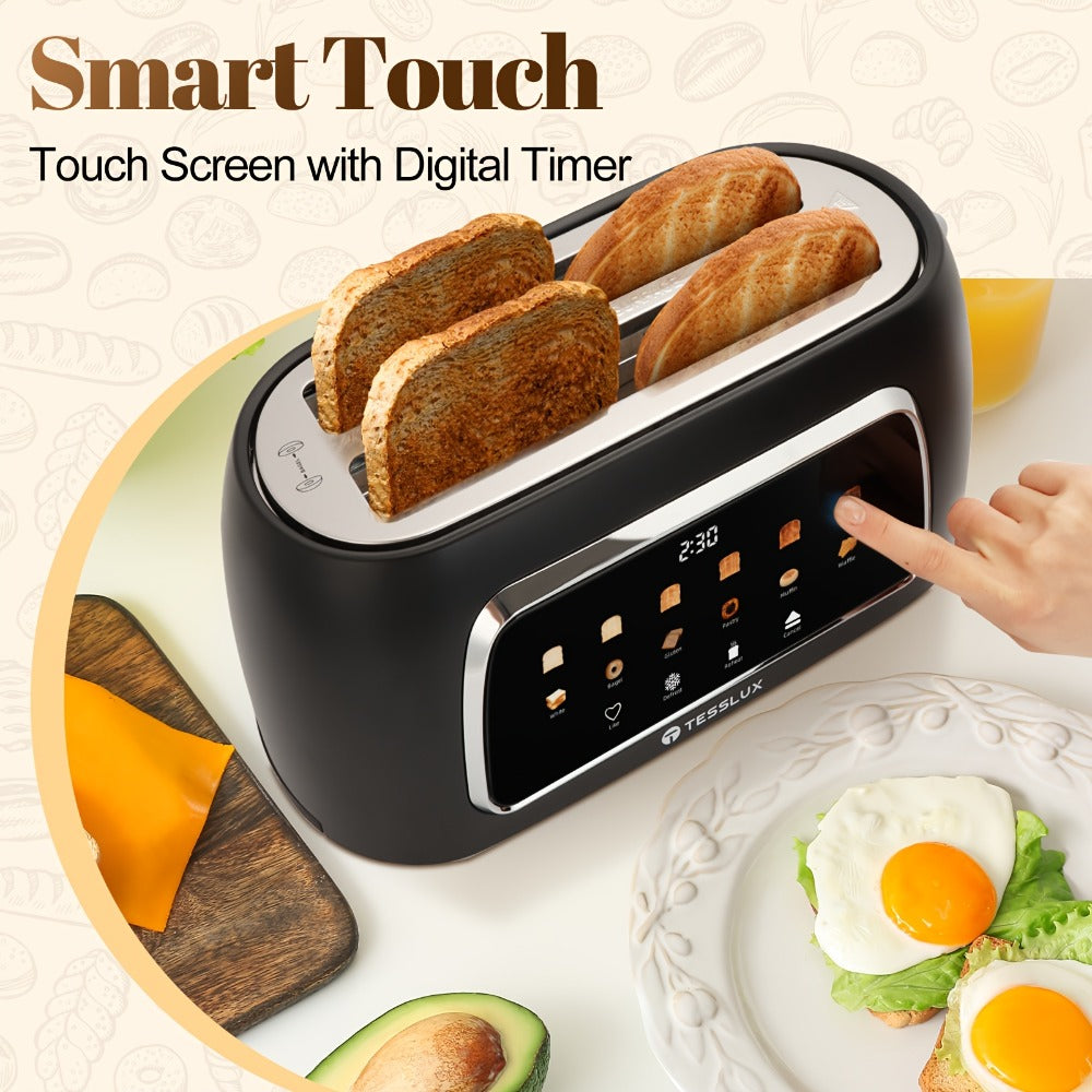 4 Slice Toaster with Touch Screen Control, 1.5¡± Wide Long Slots, 6 Browning Levels & 6 Bread Types ¨C Digital Timer, Memory Function, Defrost & Reheat for Family Breakfast, White & Black