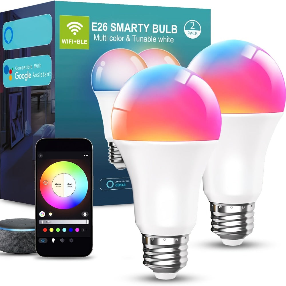 Smart Light Bulbs RGBCW Color Changing A19 E26 9W 800LM WiFi Bluetooth LED Bulb Compatible with Alexa Google Home 16 Million Colors Music Sync Dimmable for Bedroom Living Room Party Halloween Decor 2 4 6 Pack