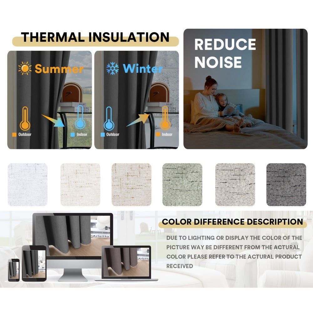 Blackout Curtains 2 Panels 100% Blackout Linen Textured Thermal Insulated Grommet Window Drapes Noise Reducing for Bedroom Living Room Hall - Full Light Blocking Room Darkening Curtains