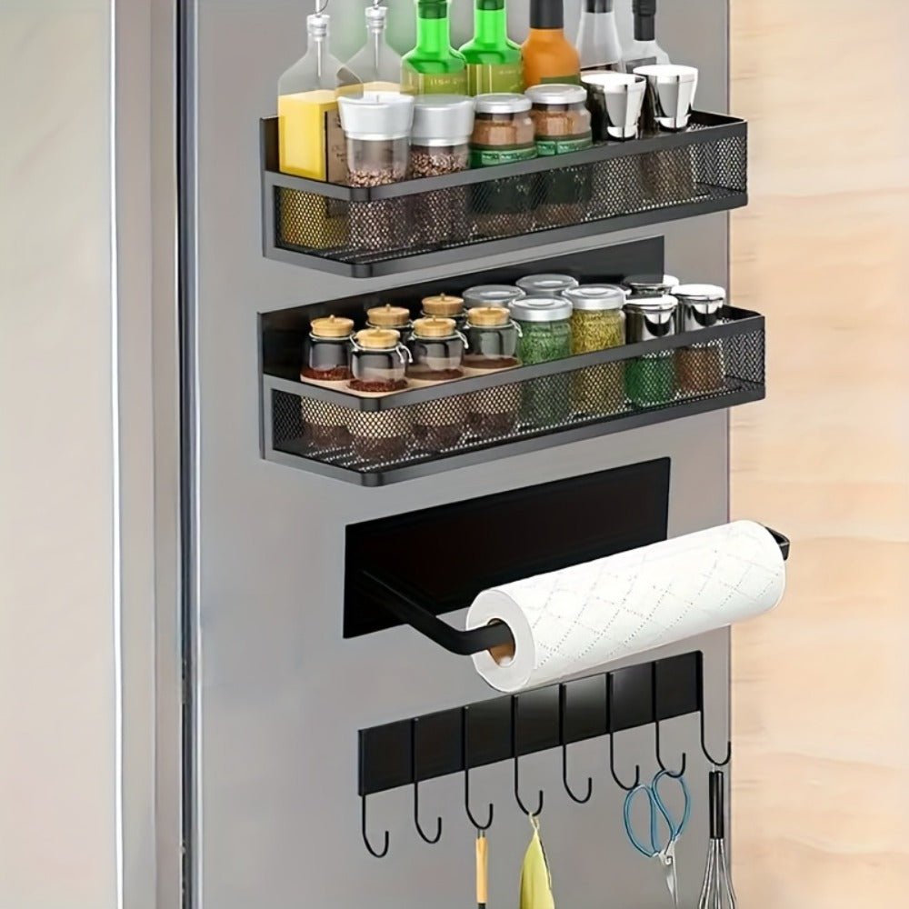 Magnetic Floating Shelf for Refrigerator 4-Piece Set with Hooks Strong Magnet Kitchen Organizer Fridge Side Storage for Spices Bottles Dorm