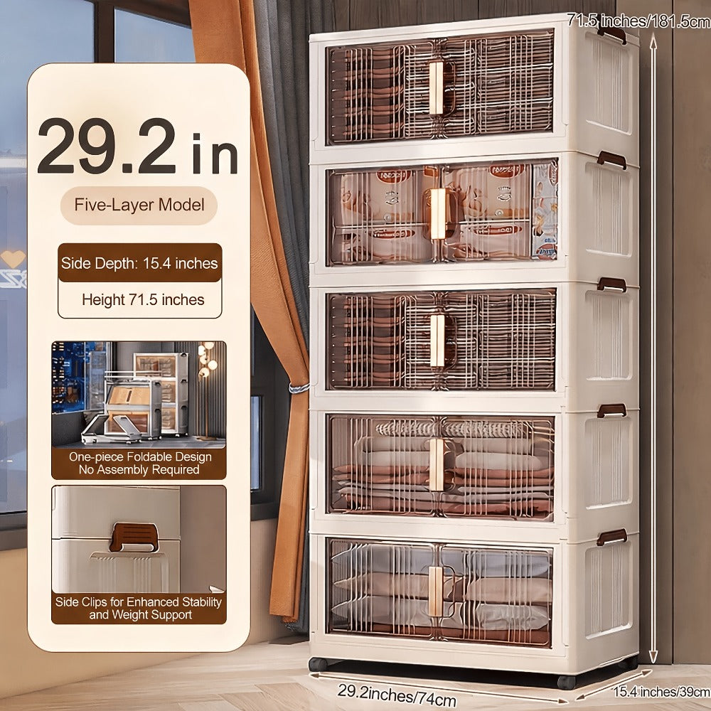 Folding Storage Cabinet with Wheels, 3/4/5-Tier Stackable Plastic Storage Bins with Lids & Magnetic Doors, Foldable Large Organizer with 360¡ã Lockable Wheels for Home Office Kitchen Bathroom Garage
