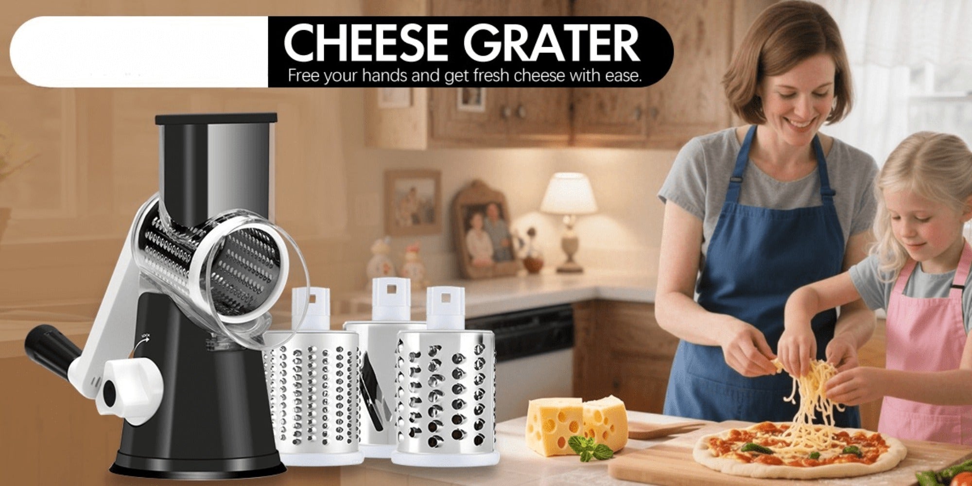 Rotary Cheese Grater ¨C Stainless Steel Hand Crank Shredder with 3 Interchangeable Blades, Non-Slip Suction Base & Cleaning Brush, BPA-Free Vegetable Grater for Cheese, Nuts & Vegetables