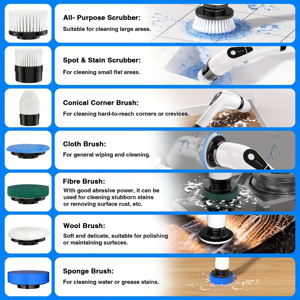 Electric Spin Scrubber Cordless, 7-in-1 Cleaning Brush with 7 Replaceable Heads, Dual Speed Adjustable, USB Rechargeable, Detachable Telescopic Handle for Bathroom Tile Kitchen Tub Floor Living Room