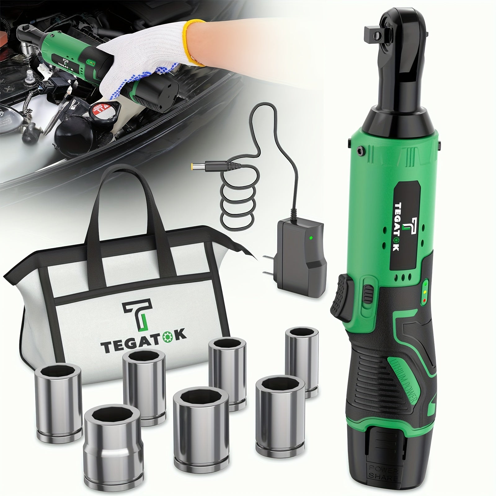 12V Cordless Ratchet Wrench Set 3/8¡± Drive | 40 Ft-lbs Torque, Variable Speed Trigger, Lithium-Ion Battery, 7 Sockets Included