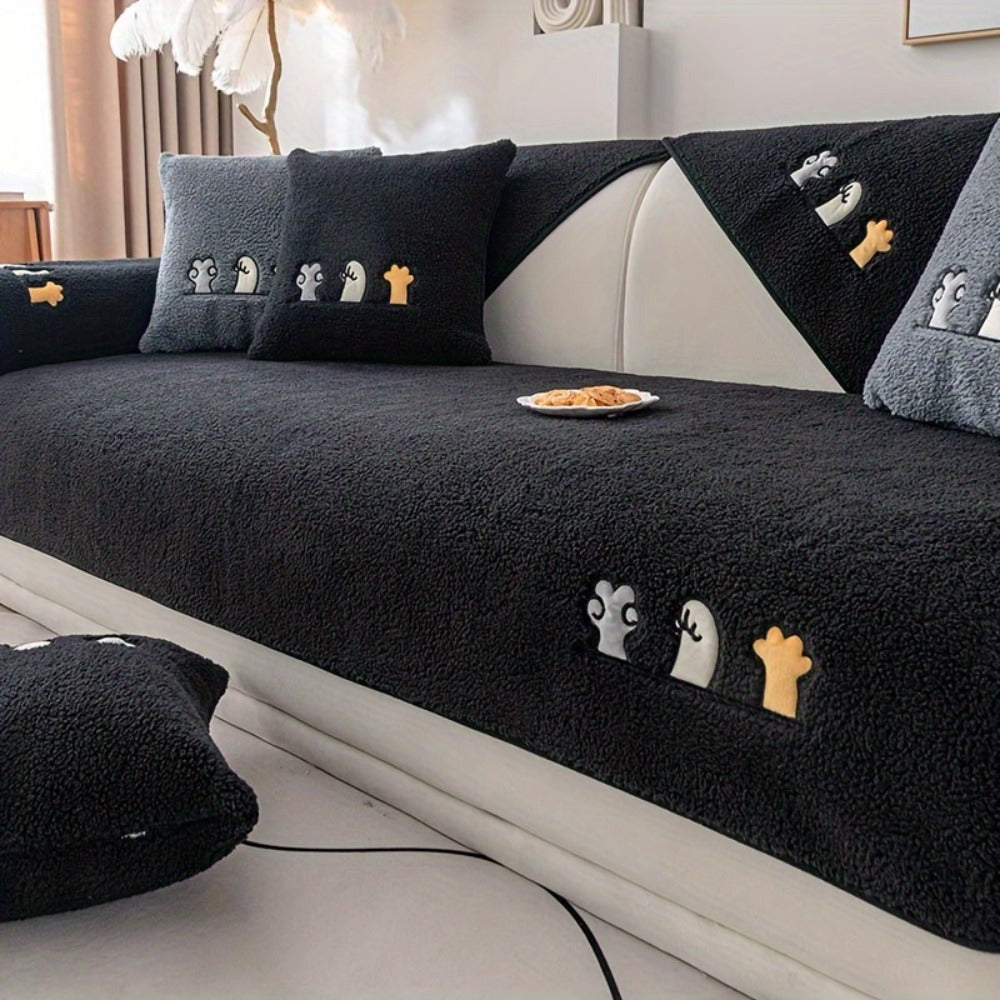 Plush Shearling Sofa Cover Non-Slip Pet-Friendly Couch Protector Animal Bone Embroidery Soft Warm for Living Room Bedroom Office 2 3 4 Seater