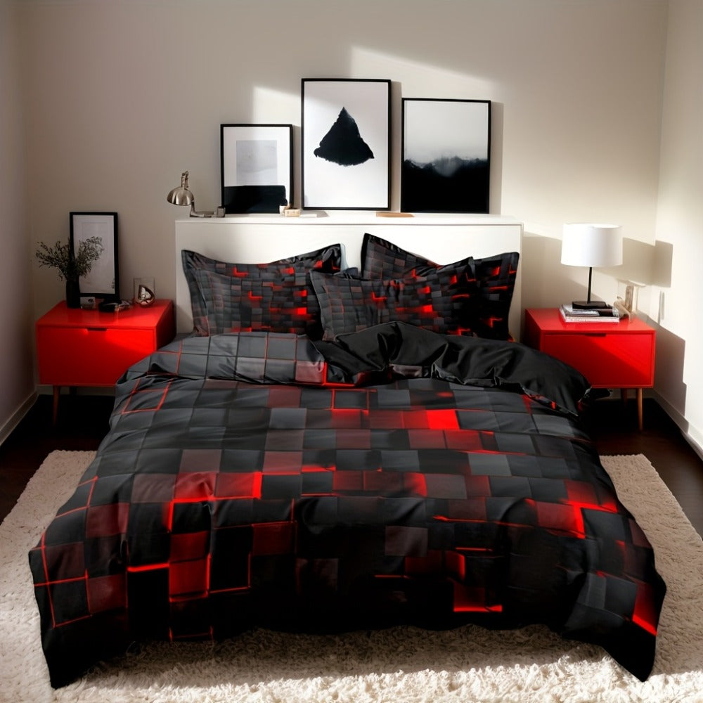Duvet Cover Set Queen King Twin Full 3D Geometric Cube Print | 3-Piece Polyester Bedding Set | Black Blue Grid Pattern | All-Season Soft Quilt Cover + 2 Pillowcases | Machine Washable
