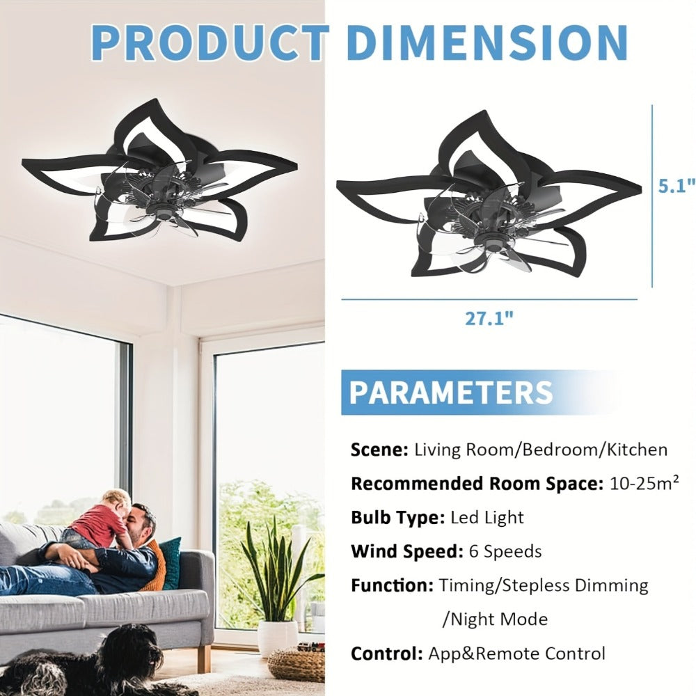 Ceiling Fan with Light 27 Inch Flush Mount - Low Profile 6-Speed 3-Color Dimmable LED, Remote & App Control, Modern Ceiling Fan for Bedroom, Living Room, Room Decor, Black or White