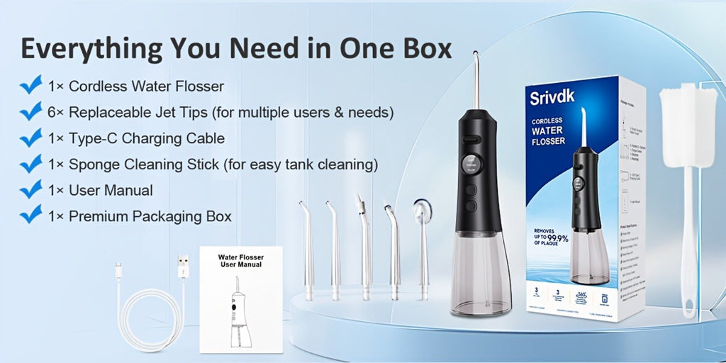 Water Flosser Cordless Oral Irrigator - Rechargeable Electric Dental Cleaner with 6 Interchangeable Nozzles, Adjustable Pressure Control, Plaque & Tartar Removal, USB Powered, Portable for Home & Travel Use