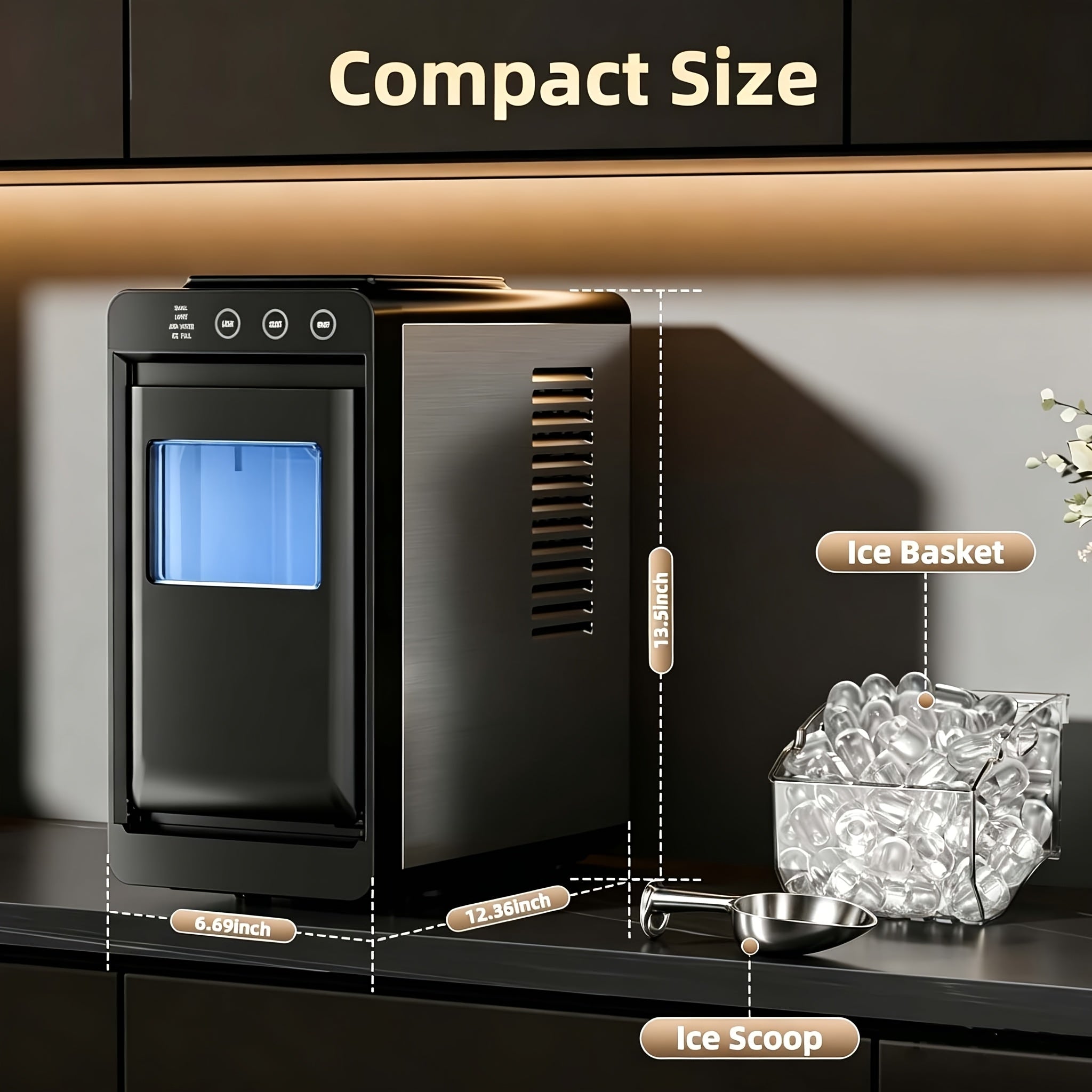Countertop Ice Maker ¨C 26 Lbs in 24 Hours, Selectable Ice Size, Internal Lighting, Self-Cleaning Portable Ice Machine with Basket & Scoop, Compact Design for Home, Kitchen & Office Use