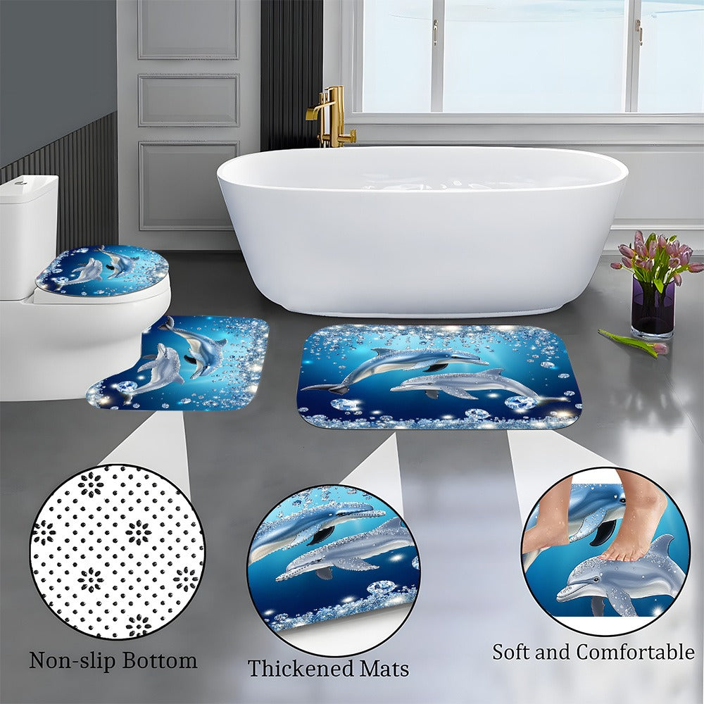 4pcs Dolphin Shower Curtain Set with Non-Slip Bath Mat, Toilet Rug & 12 Hooks ¨C Waterproof Bathroom Decor Gift Set