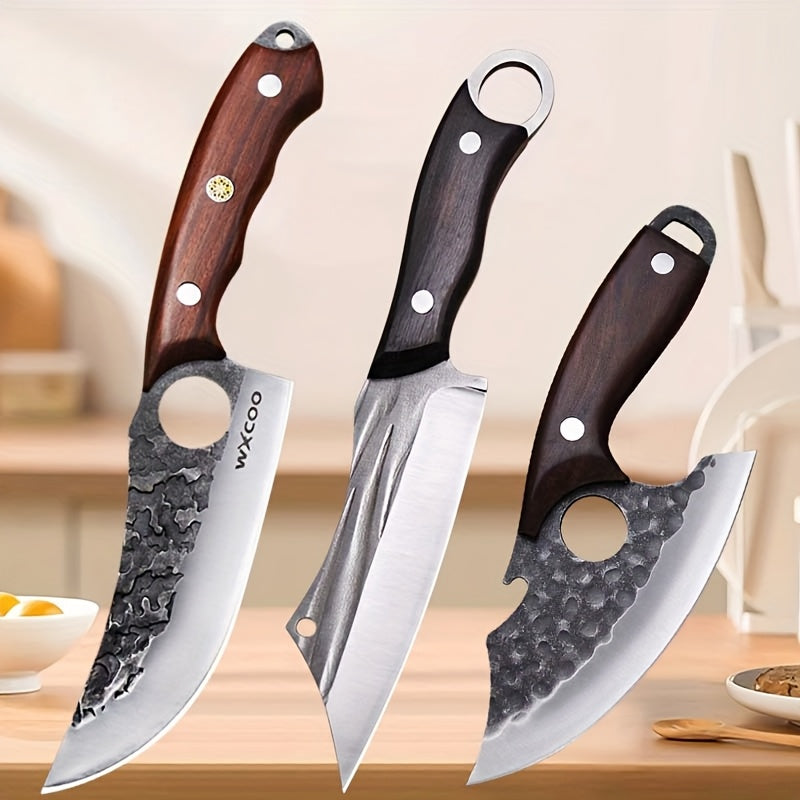 Viking Chef Knife Set 3/4pcs Hammered Stainless Steel Kitchen Knives ¨C Boning, Utility & BBQ Knife with Wooden Handle for Cooking, Camping & Outdoor