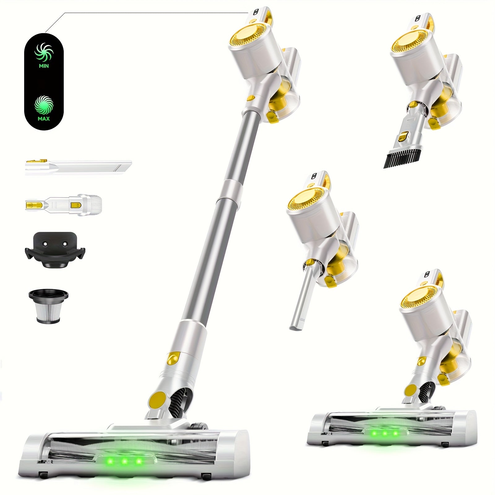Anti-Tangle LED Vacuum Cleaner 55-69Kpa Corded & Cordless with Green LED Brush, Removable Battery & Multiple Suction Levels - Up to 45 Min Runtime for Carpets, Pet Hair & Hardwood Floors, 7 Colors