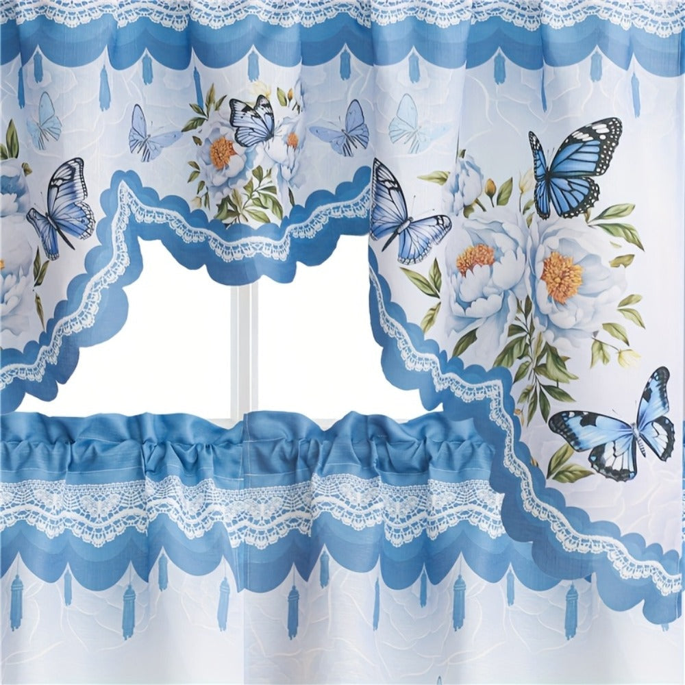 Blackout Kitchen Curtains 3-Piece Set with Butterfly Floral Print - Rod Pocket Window Curtains for Kitchen, Living Room, Bedroom, Bathroom & Restaurant, Polyester Fabric, Machine Washable