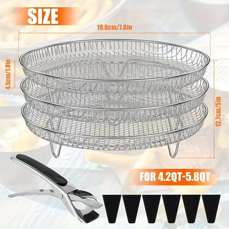 Air Fryer Rack Set ¨C 10-Piece Stainless Steel Stackable Dehydrator Rack with Clips for 4.2QT-5.8QT Round Air Fryers, Reusable Elevated Baking Accessories, Dishwasher Safe