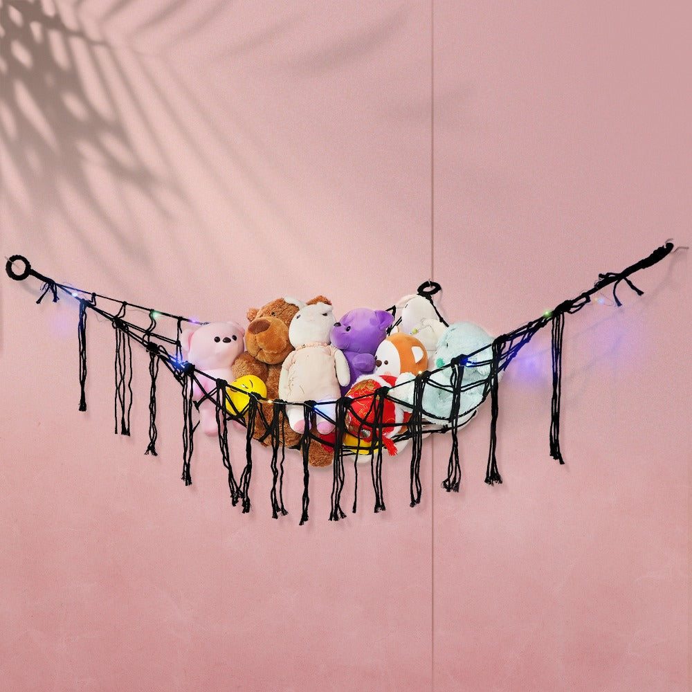 Stuffed Animal Storage Hammock with Lights Corner Hanging Toy Net Organizer for Nursery Bedroom Kids Room Decor Plush Toy Holder Christmas Halloween Easter Gift