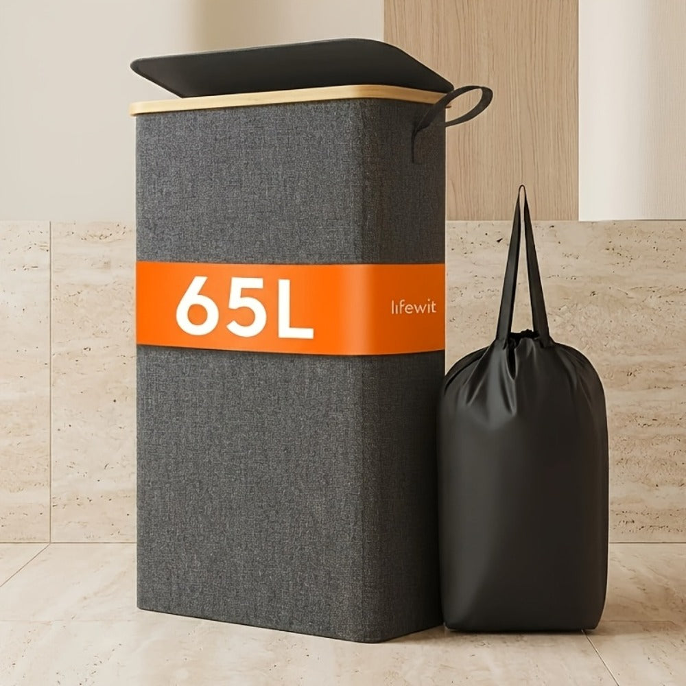 Slim Laundry Hamper with Lid & Removable Bag ¨C Foldable Narrow Clothes Basket with Bamboo Handles for Bathroom, Bedroom & Dorm ¨C 50L / 65L / 75L Space-Saving Collapsible Laundry Bin
