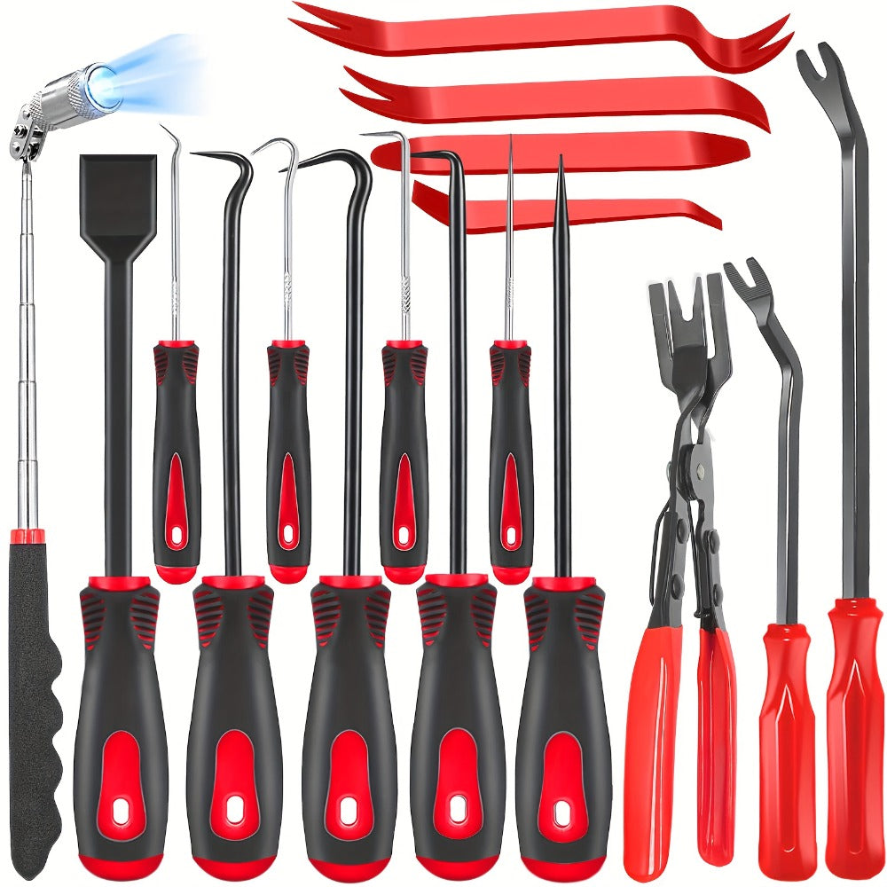 Automotive Trim Removal Tool Kit 17pcs - Hook Paddle Pry Set with Fastener Clamps Rivet Pullers Magnetic Picker Gasket Scraper Scratch-Free Car Maintenance Tools