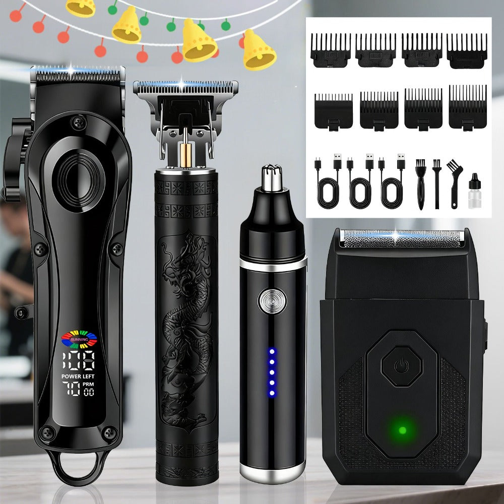 Electric Hair Clipper Set with LCD Screen - USB Rechargeable Hair Trimmer Kit with T-Blade, Guide Combs, Nose Hair Trimmer, Professional Grooming Kit for Men & Women, Home & Barber Shop Use