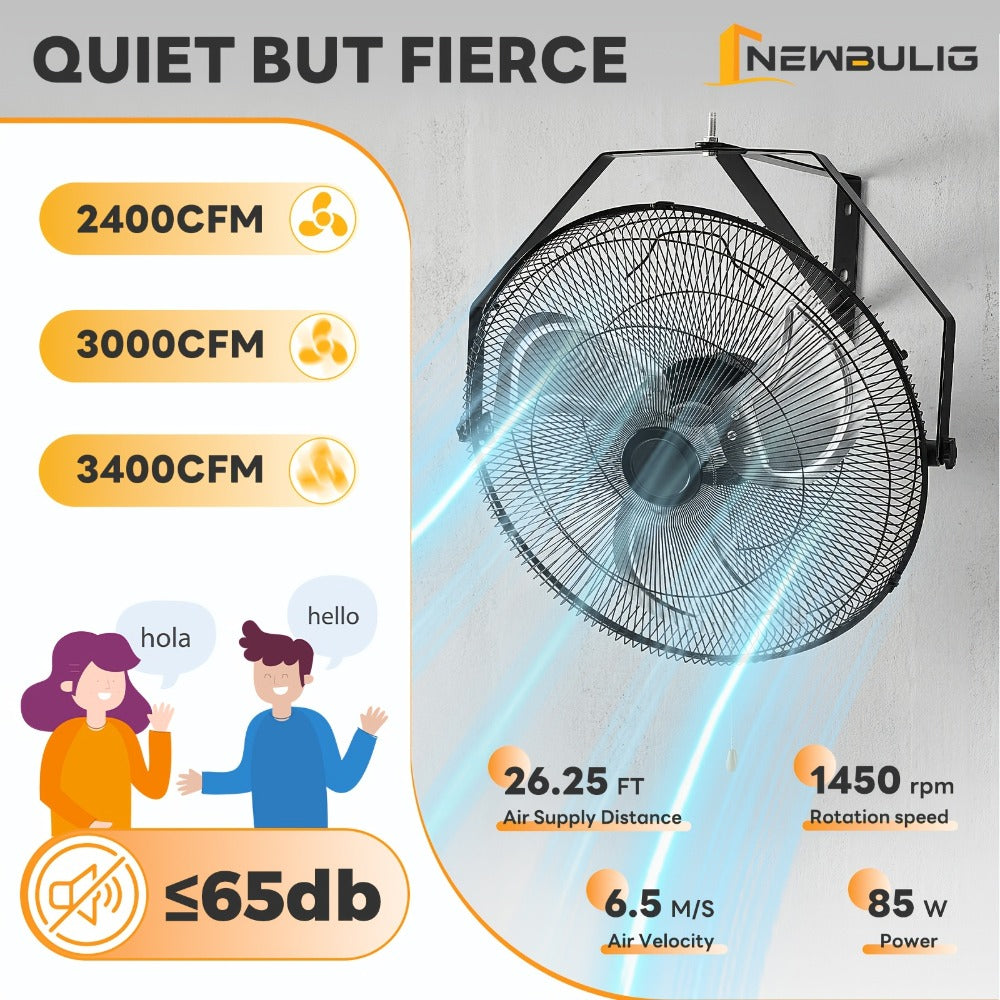 Wall Mount Fan 18/20 Inch Metal High Velocity 3-Speed Oscillating Industrial Fan 3000CFM Aluminum Blades 65dB Quiet Heavy Duty for Garage Workshop Patio Warehouse