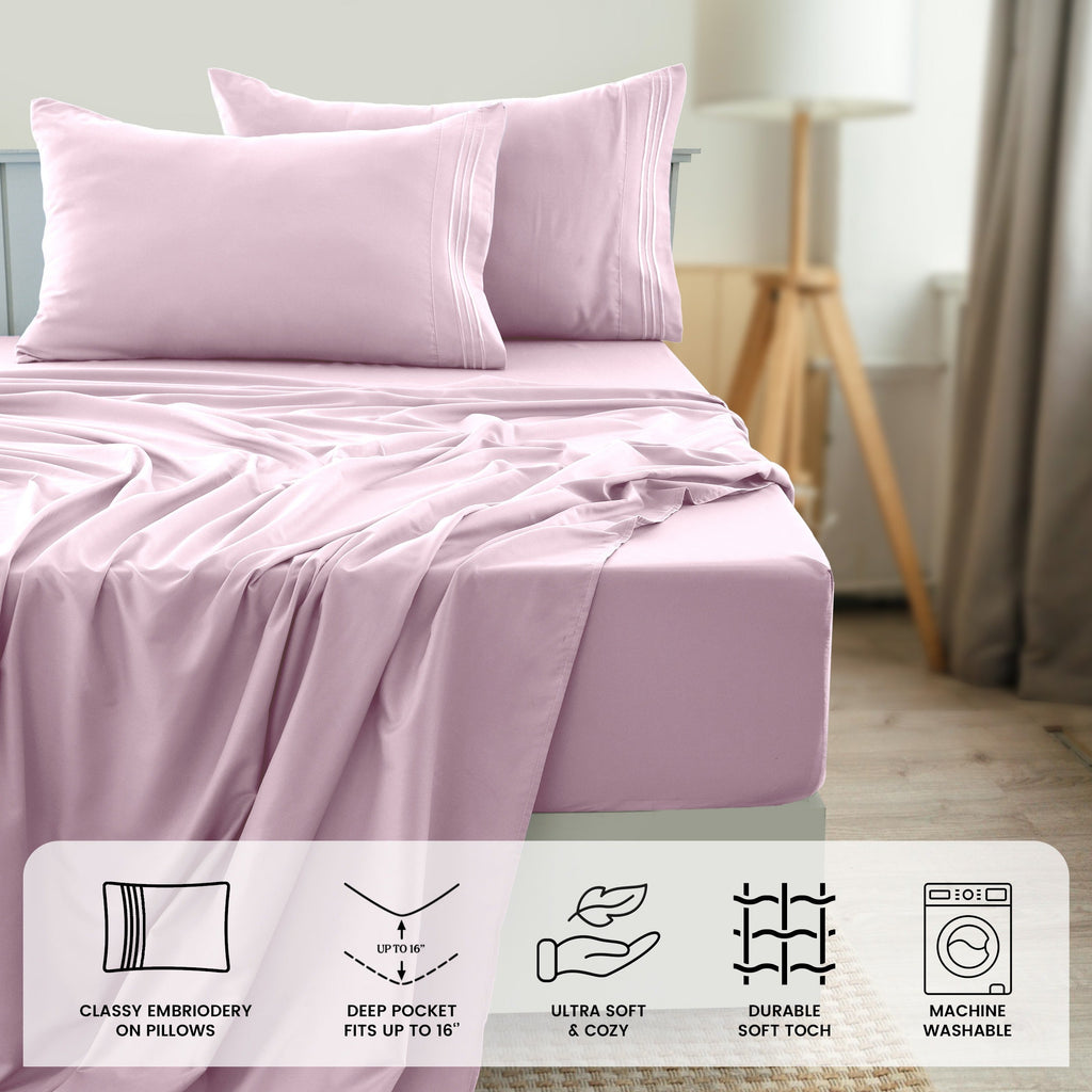 Fitted Sheet Set 6-Piece Brushed Polyester Deep Pocket Bed Sheets 20 Colors Hotel Luxury Soft Bedding with Embroidered Pillowcases