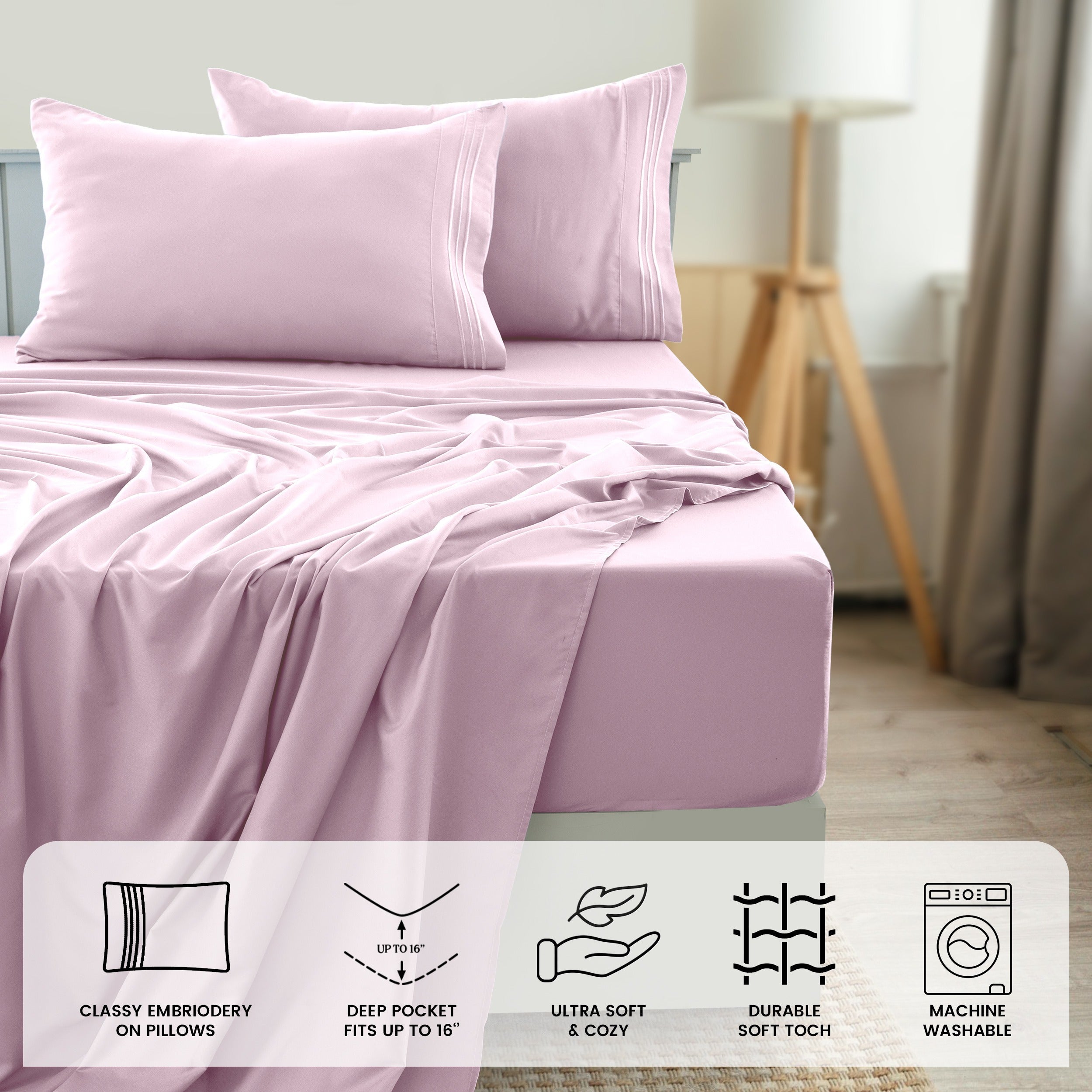 Fitted Sheet Set 6-Piece Brushed Polyester Deep Pocket Bed Sheets 20 Colors Hotel Luxury Soft Bedding with Embroidered Pillowcases