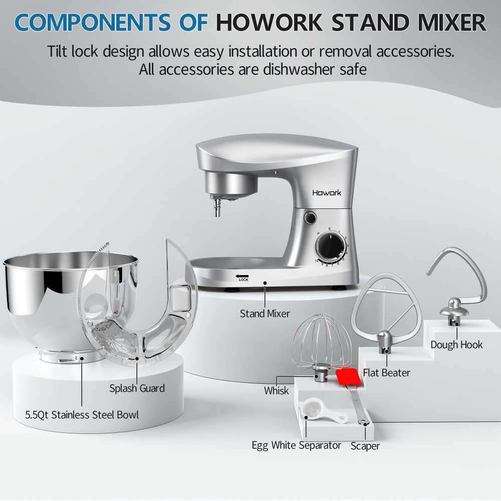Stand Mixer 5QT, 10-Speed Electric Kitchen Mixer with Dough Hook, Flat Beater, Wire Whip & Pouring Shield ¡ª Dishwasher-Safe Attachments for Baking, Bread, Cake & Cookie Dough
