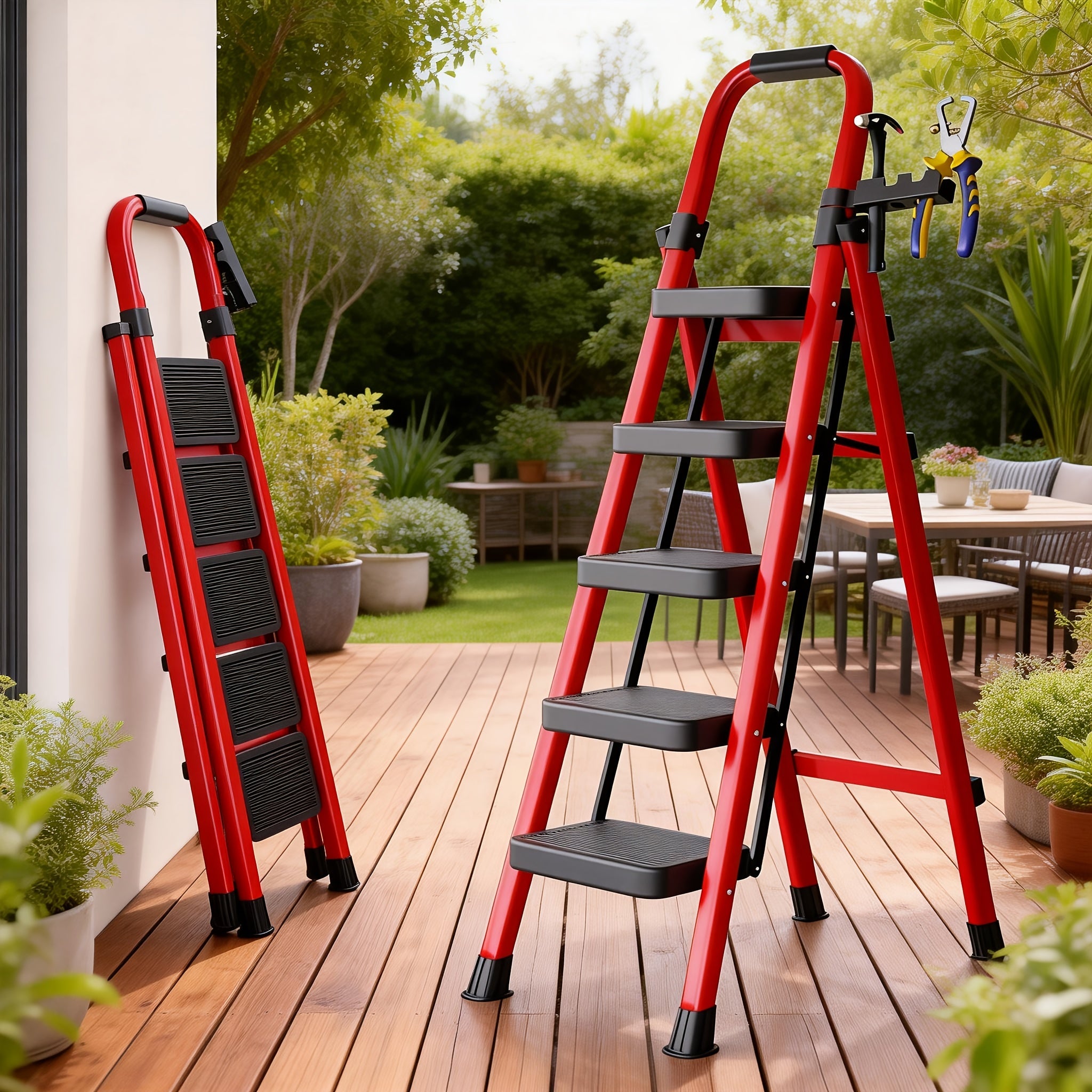 Folding Step Ladder 3 5 Step 500 lb Heavy Duty Steel Anti-Slip Wide Treads Handrail Safety Lock Portable Multi-Function Step Stool for Home Kitchen Garage Outdoor Black Red