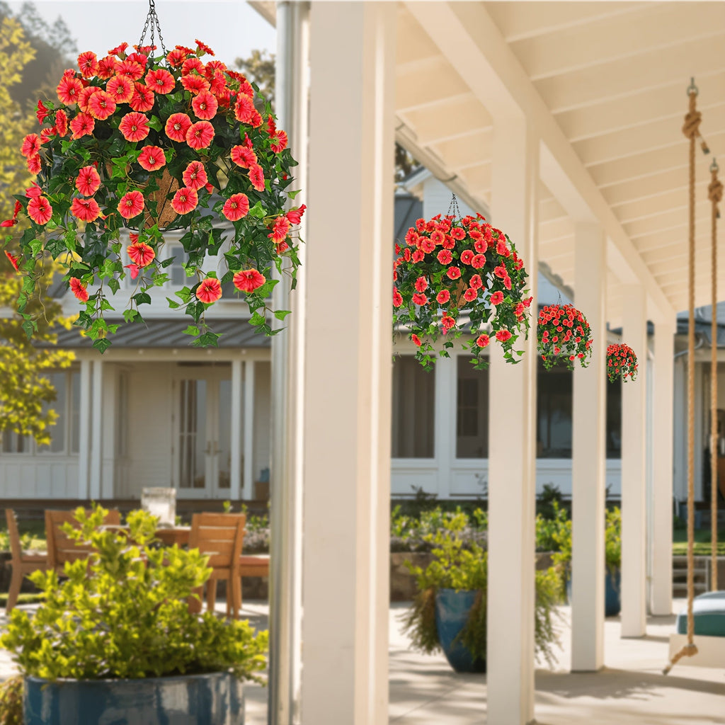 Artificial Hanging Flowers Outdoor UV-Resistant Fake Petunias with Planter Basket ¨C Realistic Faux Hanging Plants for Garden Patio Porch Balcony Railing Decor