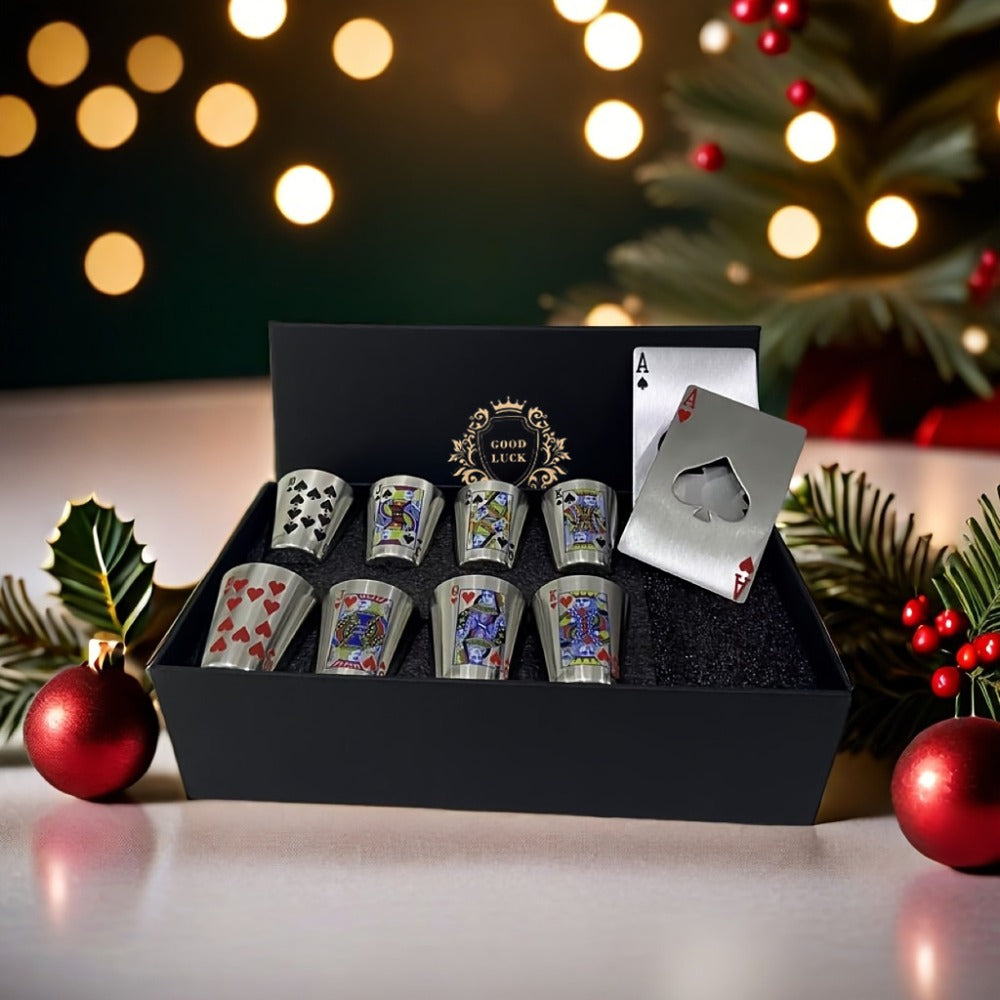Stainless Steel Cup Set 8 Cups + 2 Bottle Openers | Family Party Outdoor Gift Set Good Luck Year