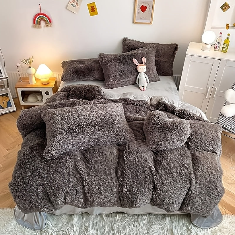 Faux Fur Duvet Cover Set Twin Queen King Super Soft Plush Comforter Cover with Pillowcases Heart Pillow for Kids Teens Machine Washable Bedroom Decor