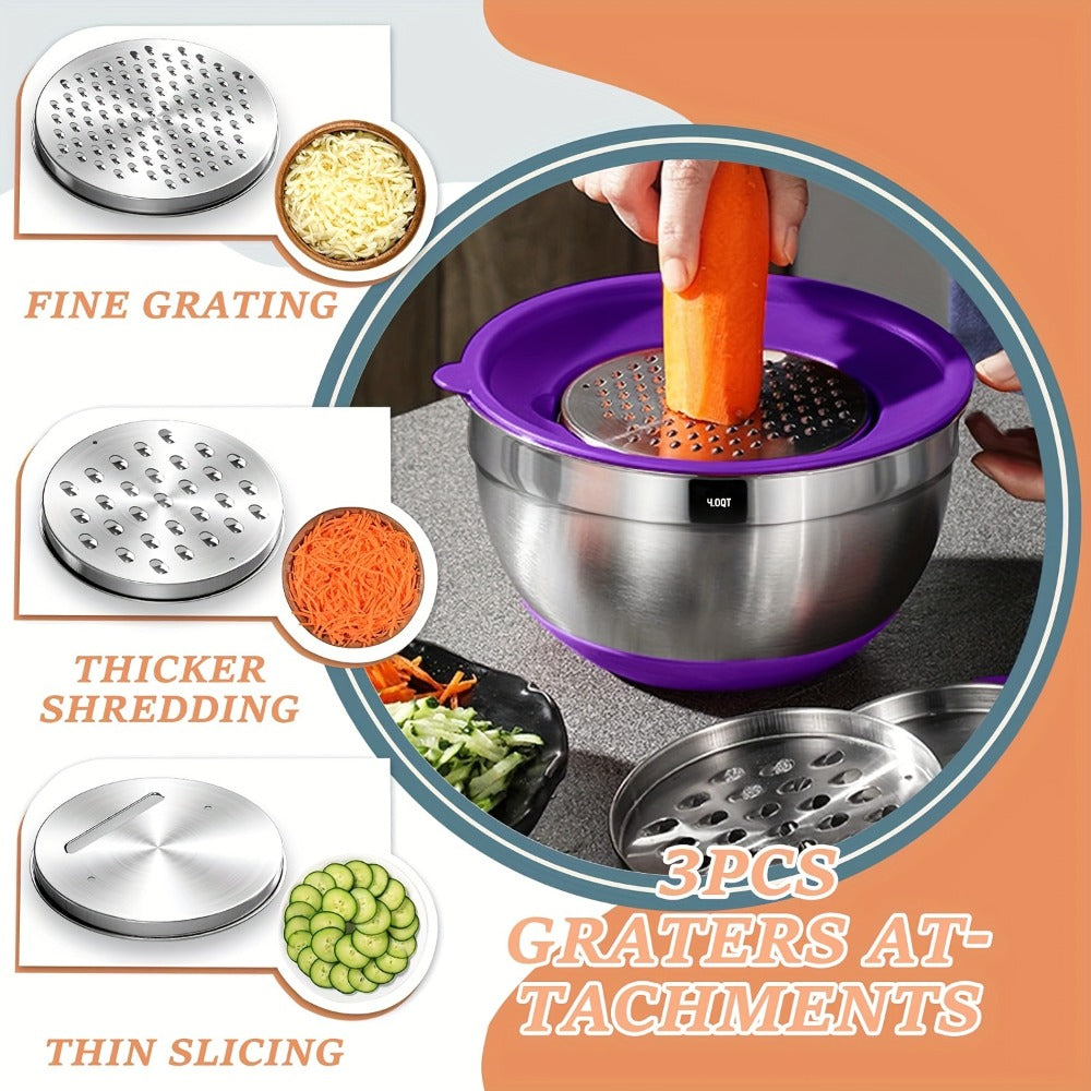 Mixing Bowls Set with Airtight Lids ¨C 26pcs Stainless Steel Bowl Set with 3 Grater Attachments, Non-Slip Bottoms, Sizes 1¨C7QT ¨C Kitchen Bowls for Mixing, Serving, Baking & Meal Prep