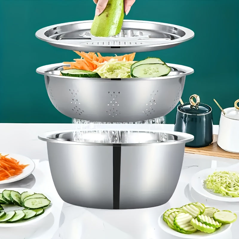 Stainless Steel 3-in-1 Kitchen Prep Set with Mixing Bowl Built-In Grinder Multi-Layer Slicer and Drainage System Food Safe Prep Bowl for Fruits Vegetables Cheese