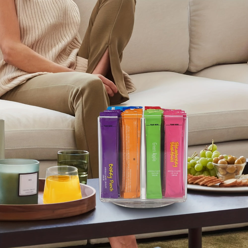 Rotating Countertop Organizer Rack for Drink Mixes, Powder Packets & Beverage Pouches - Square Lazy Susan Storage