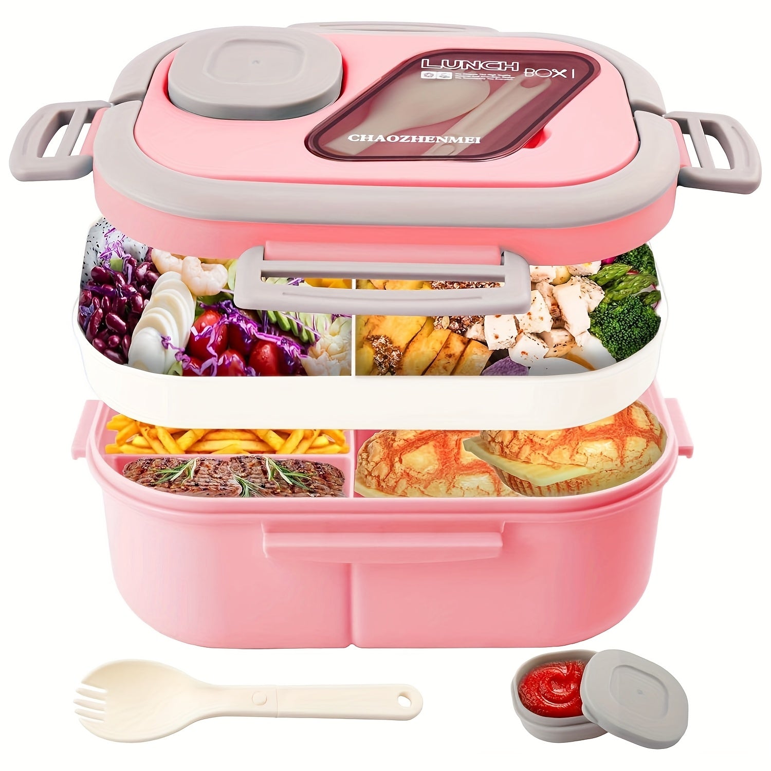 2-Layer Bento Lunch Box Set with Cup and Meal Bag - Multi-Grid Lunch Box for School, Office & Outdoor Picnics, Food Storage Container with Milk Cup, Salad Cup, Coffee Cup or Soup Bowl, Pink Blue Green White